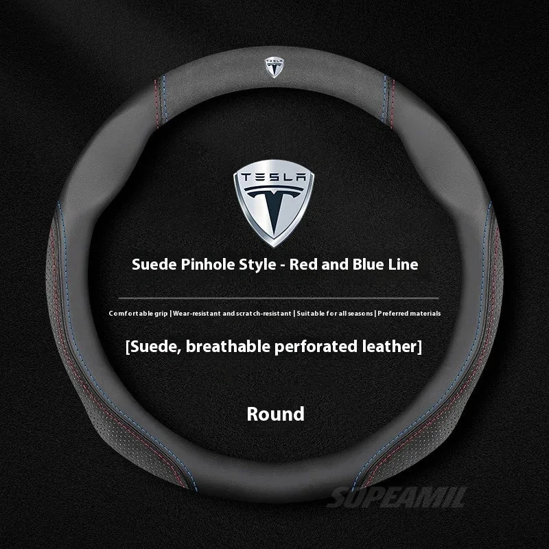 MiniRevs Suede Leather Sports Steering Wheel Cover for Tesla Model 3/Y/S/X/Roadster