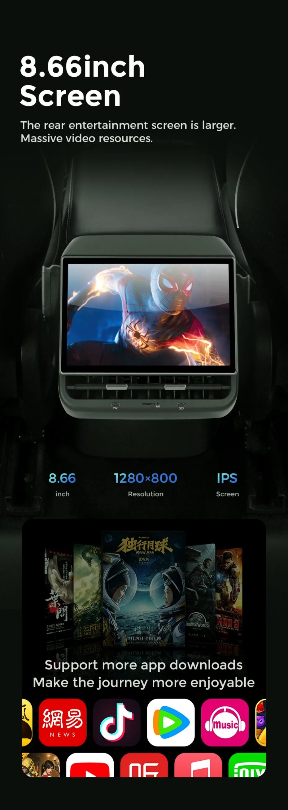 MiniRevs 8.66" Rear Seat Entertainment Display for Tesla Model 3/Y 2019-2023 | Android 13, 4G LTE, 4+64G