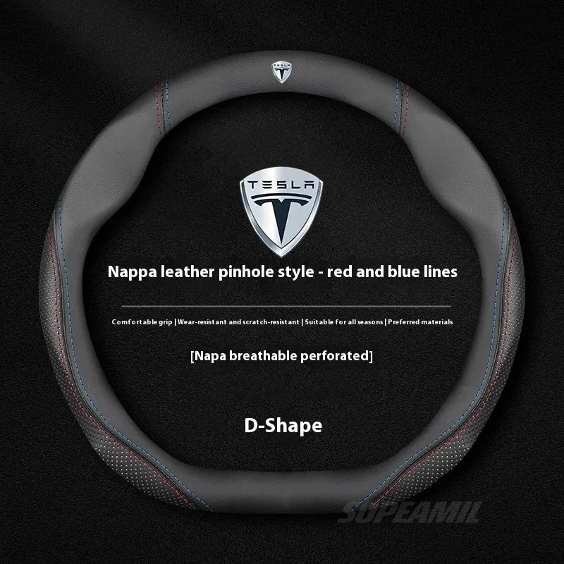 MiniRevs Suede Leather Sports Steering Wheel Cover for Tesla Model 3/Y/S/X/Roadster