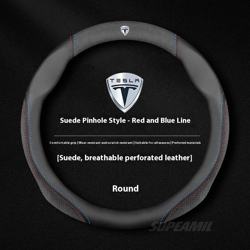 MiniRevs Suede Leather Sports Steering Wheel Cover for Tesla Model 3/Y/S/X/Roadster
