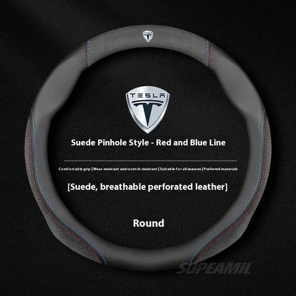 MiniRevs Suede Leather Sports Steering Wheel Cover for Tesla Model 3/Y/S/X/Roadster