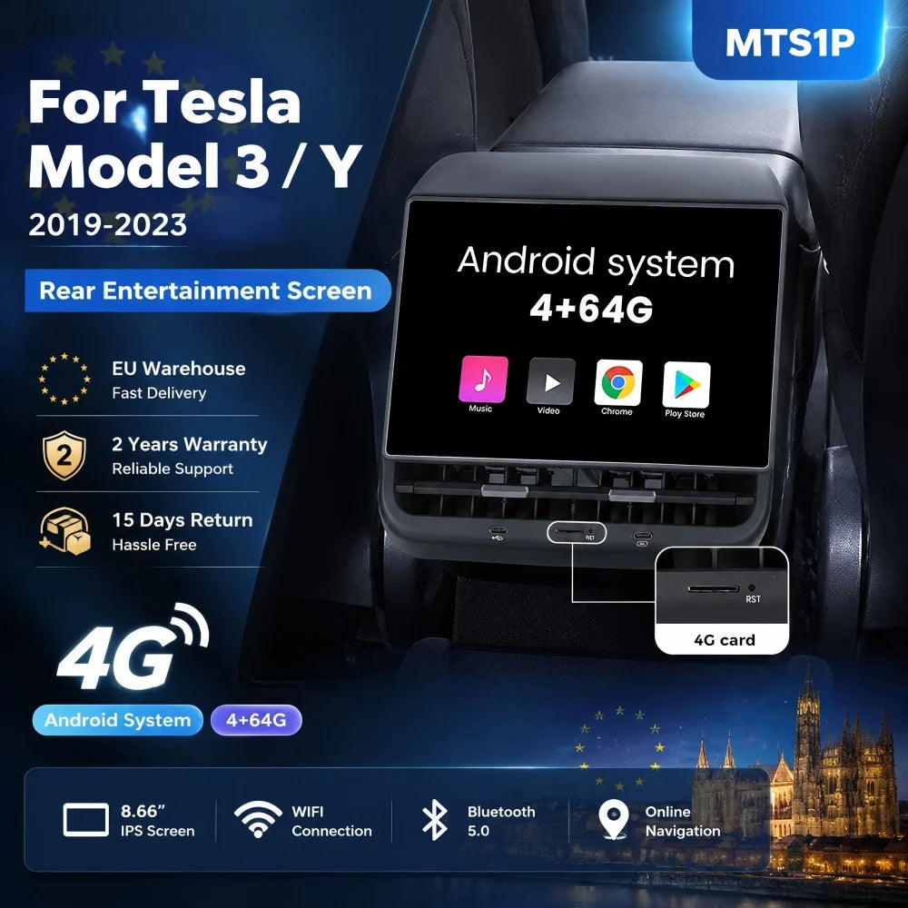 MiniRevs 8.66" Rear Seat Entertainment Display for Tesla Model 3/Y 2019-2023 | Android 13, 4G LTE, 4+64G