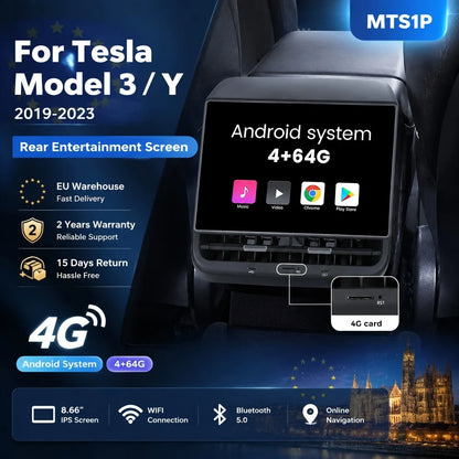 MiniRevs 8.66" Rear Seat Entertainment Display for Tesla Model 3/Y 2019-2023 | Android 13, 4G LTE, 4+64G