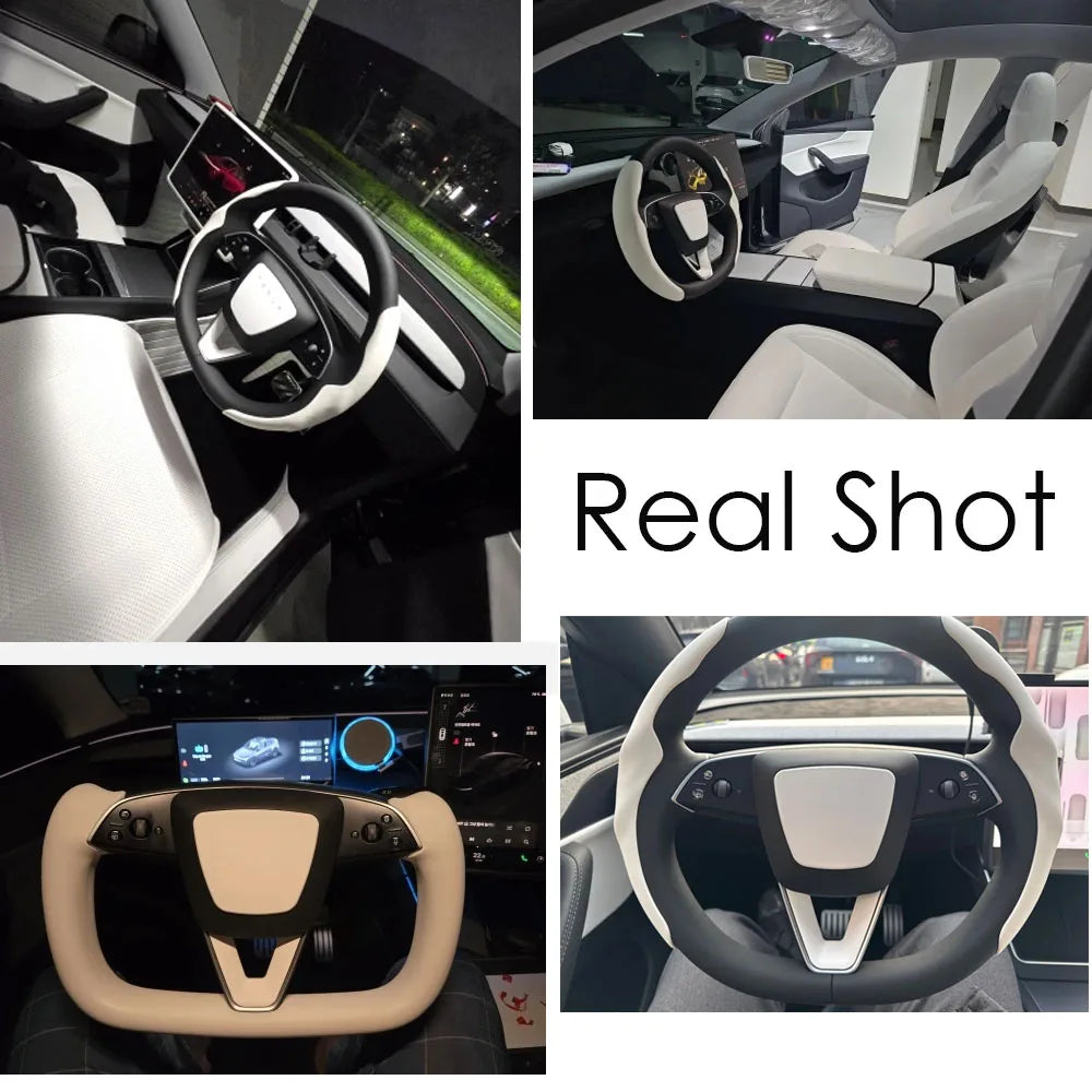 MiniRevs Matte White ABS Steering Wheel Trim Cover for Tesla Model Y Juniper 2025-2026 / Model 3 Highland 2024-2026