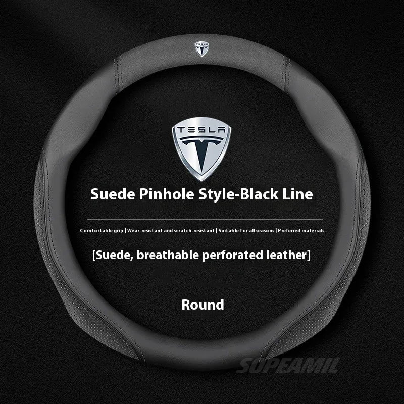 MiniRevs Suede Leather Sports Steering Wheel Cover for Tesla Model 3/Y/S/X/Roadster