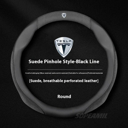 MiniRevs Suede Leather Sports Steering Wheel Cover for Tesla Model 3/Y/S/X/Roadster