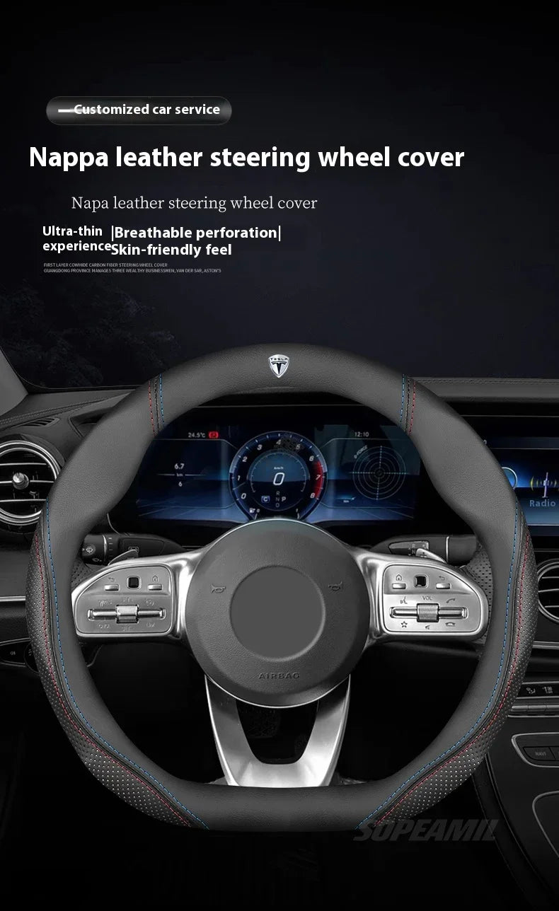 MiniRevs Suede Leather Sports Steering Wheel Cover for Tesla Model 3/Y/S/X/Roadster