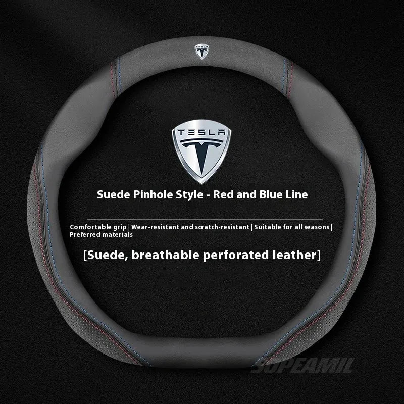 MiniRevs Suede Leather Sports Steering Wheel Cover for Tesla Model 3/Y/S/X/Roadster