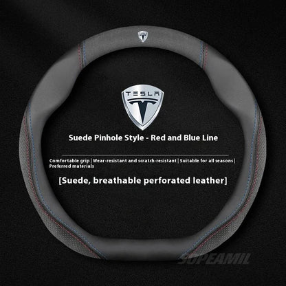 MiniRevs Suede Leather Sports Steering Wheel Cover for Tesla Model 3/Y/S/X/Roadster