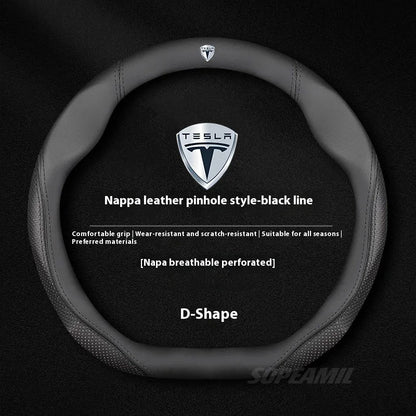 MiniRevs Suede Leather Sports Steering Wheel Cover for Tesla Model 3/Y/S/X/Roadster