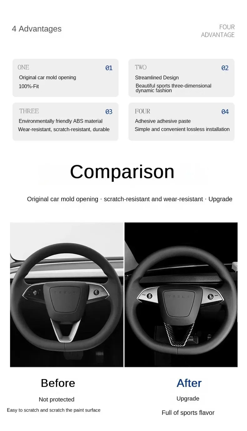 MiniRevs Carbon Fiber ABS Steering Wheel U-Shape Trim for Tesla Model 3/Y/YL Highland Juniper 2024-2026