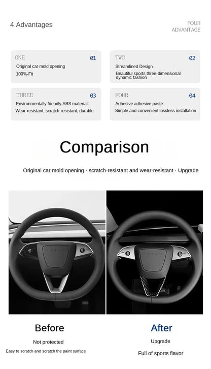 MiniRevs Carbon Fiber ABS Steering Wheel U-Shape Trim for Tesla Model 3/Y/YL Highland Juniper 2024-2026