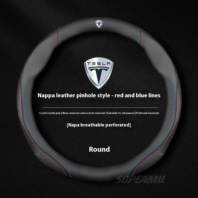 MiniRevs Suede Leather Sports Steering Wheel Cover for Tesla Model 3/Y/S/X/Roadster
