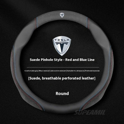 MiniRevs Suede Leather Sports Steering Wheel Cover for Tesla Model 3/Y/S/X/Roadster