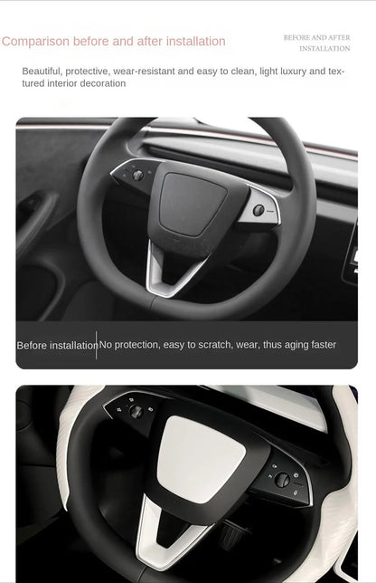 MiniRevs Matte White ABS Steering Wheel Trim Cover for Tesla Model Y Juniper 2025-2026 / Model 3 Highland 2024-2026