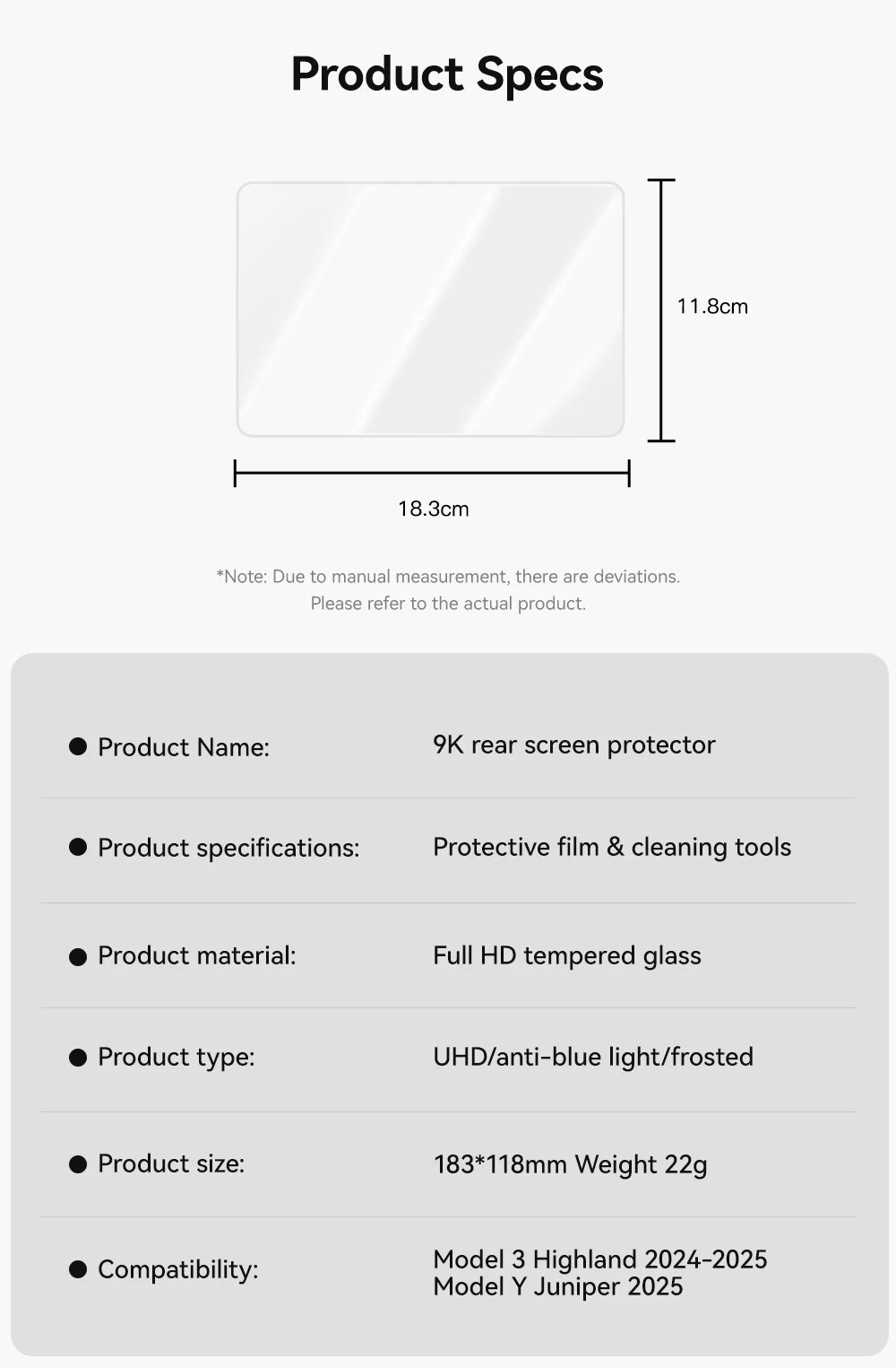MiniRevs Tempered Glass Screen Protector for Tesla Model 3/Y/YL Highland Juniper 2025-2026 Rear Screen