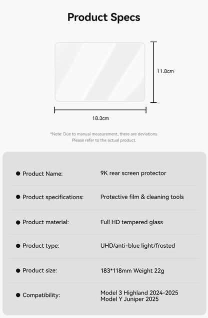 MiniRevs Tempered Glass Screen Protector for Tesla Model 3/Y/YL Highland Juniper 2025-2026 Rear Screen