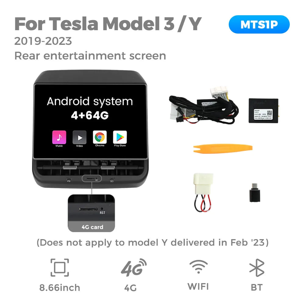 MiniRevs 8.66" Rear Seat Entertainment Display for Tesla Model 3/Y 2019-2023 | Android 13, 4G LTE, 4+64G