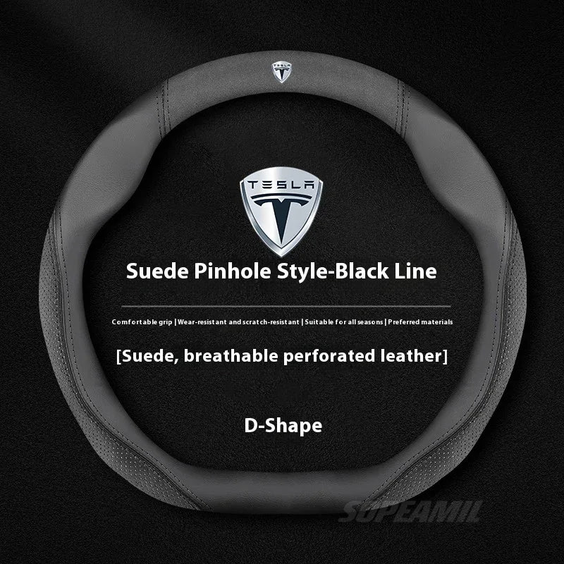 MiniRevs Suede Leather Sports Steering Wheel Cover for Tesla Model 3/Y/S/X/Roadster