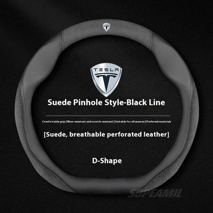 MiniRevs Suede Leather Sports Steering Wheel Cover for Tesla Model 3/Y/S/X/Roadster