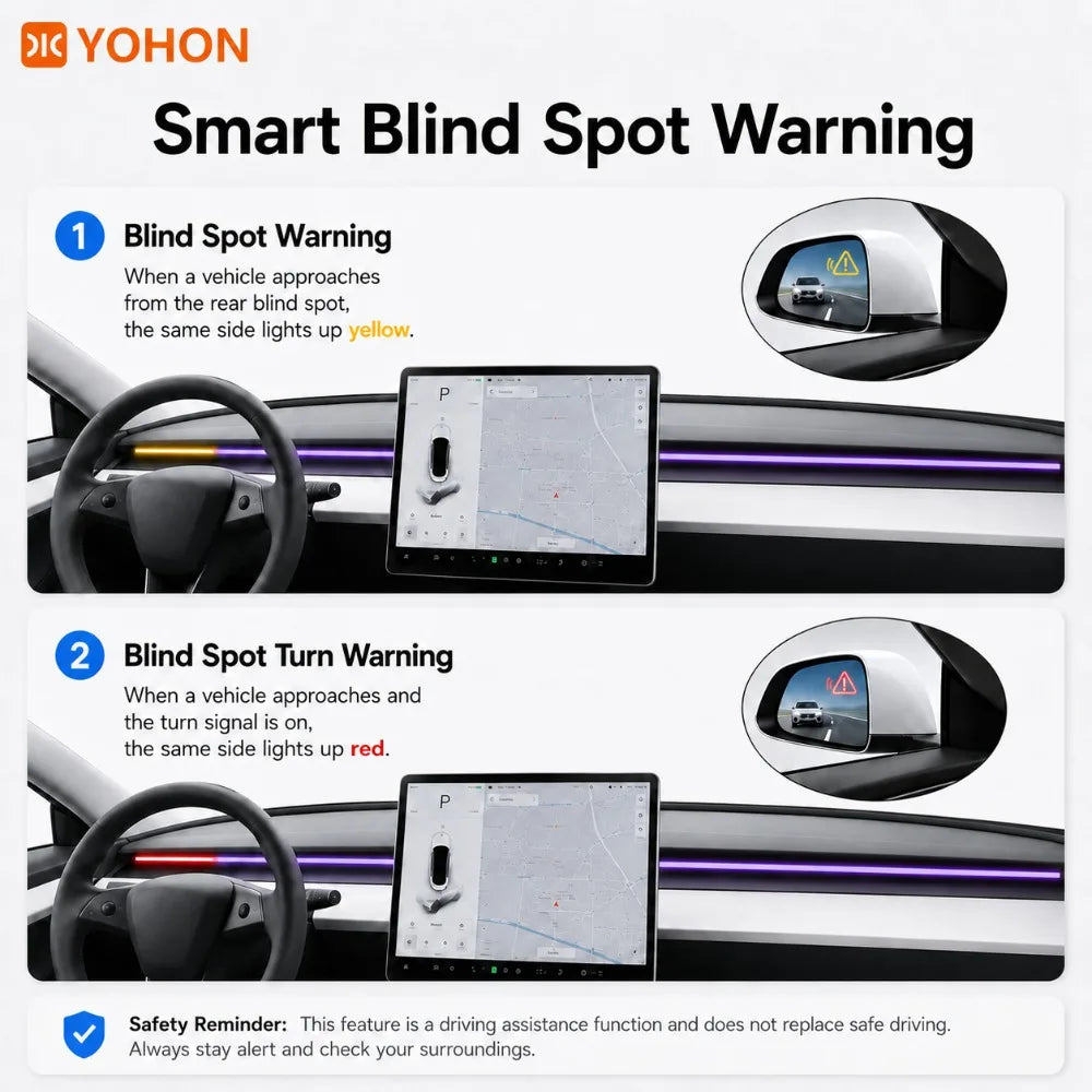 MiniRevs Smart RGB Ambient Light Bar for Tesla | Blind Spot & Speed Alert System