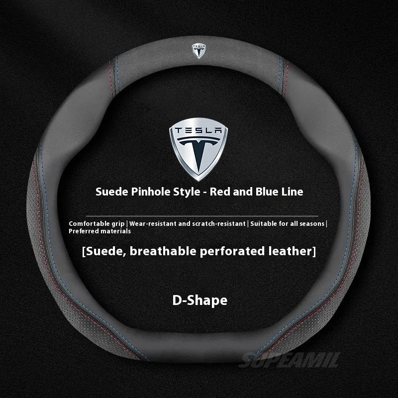MiniRevs Suede Leather Sports Steering Wheel Cover for Tesla Model 3/Y/S/X/Roadster