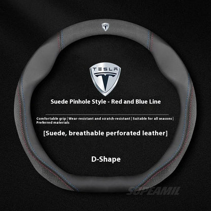 MiniRevs Suede Leather Sports Steering Wheel Cover for Tesla Model 3/Y/S/X/Roadster