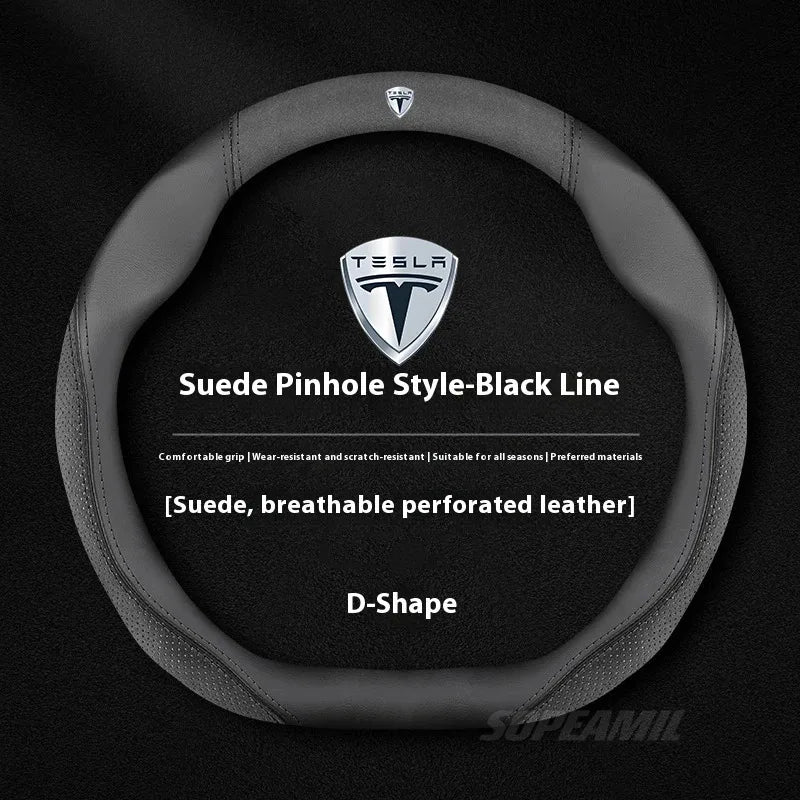 MiniRevs Suede Leather Sports Steering Wheel Cover for Tesla Model 3/Y/S/X/Roadster